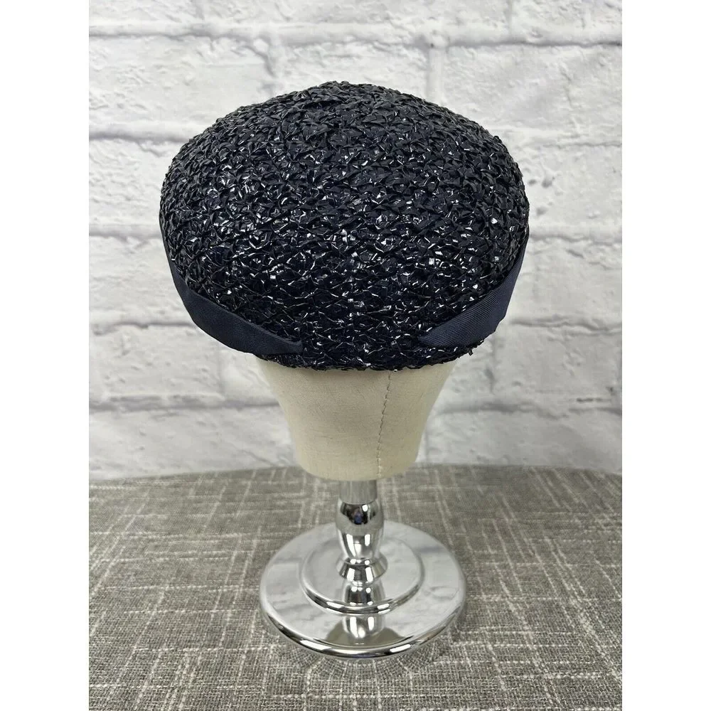 Vintage Trebor 1950s Lacquered Raffia Woven Hat Turban Bubble Navy Blue With Box